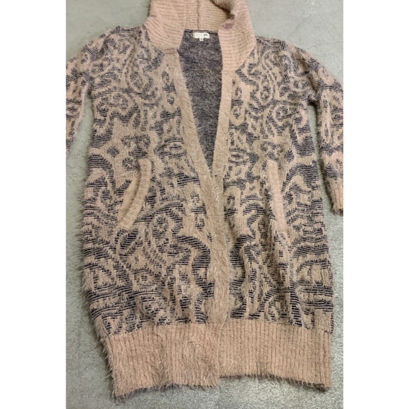 Joh Hoodie Sweater Womens S / M Open Front Long Soft Fuzzy Pink Pattern Cardigan - Picture 8 of 16